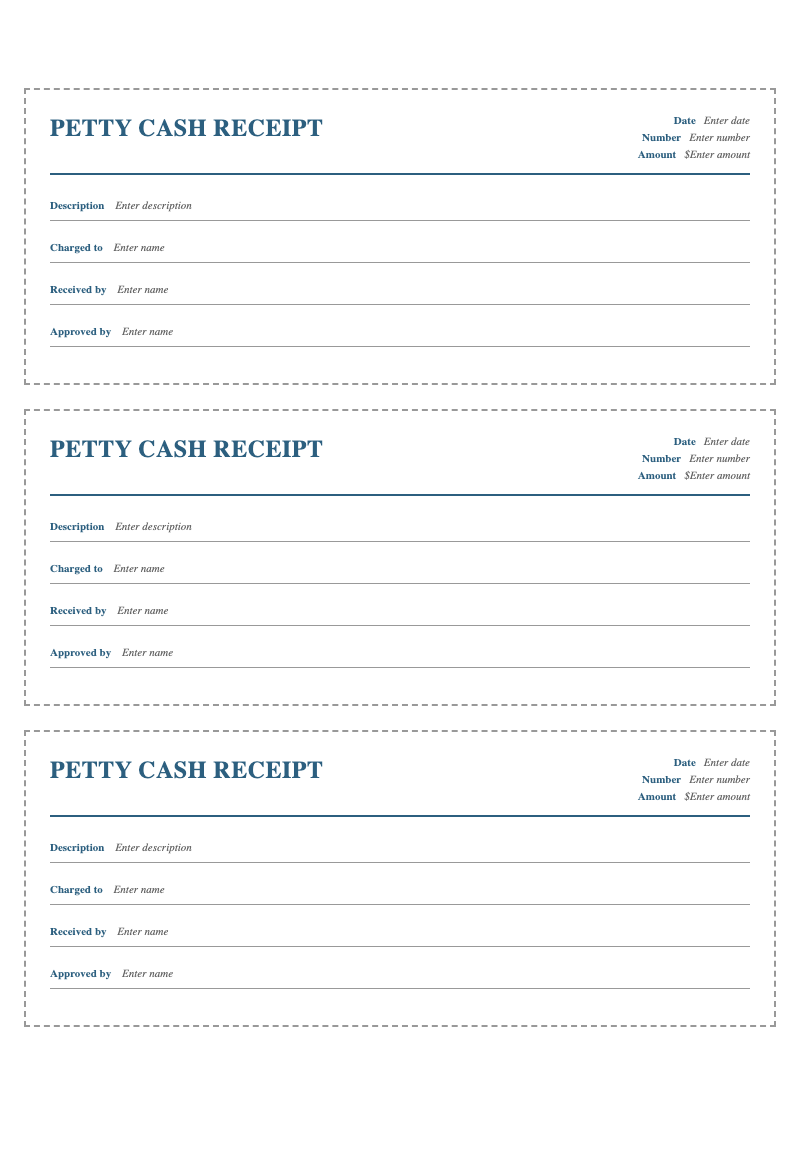 Petty cash receipt 3 per page - Professional petty cash receipt template with date, amount, and authorization fields. Ideal for small business expense tracking.